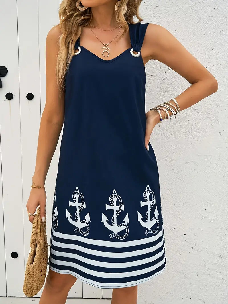 Amelina – Anchor Printed V-Neck Pocket Dress