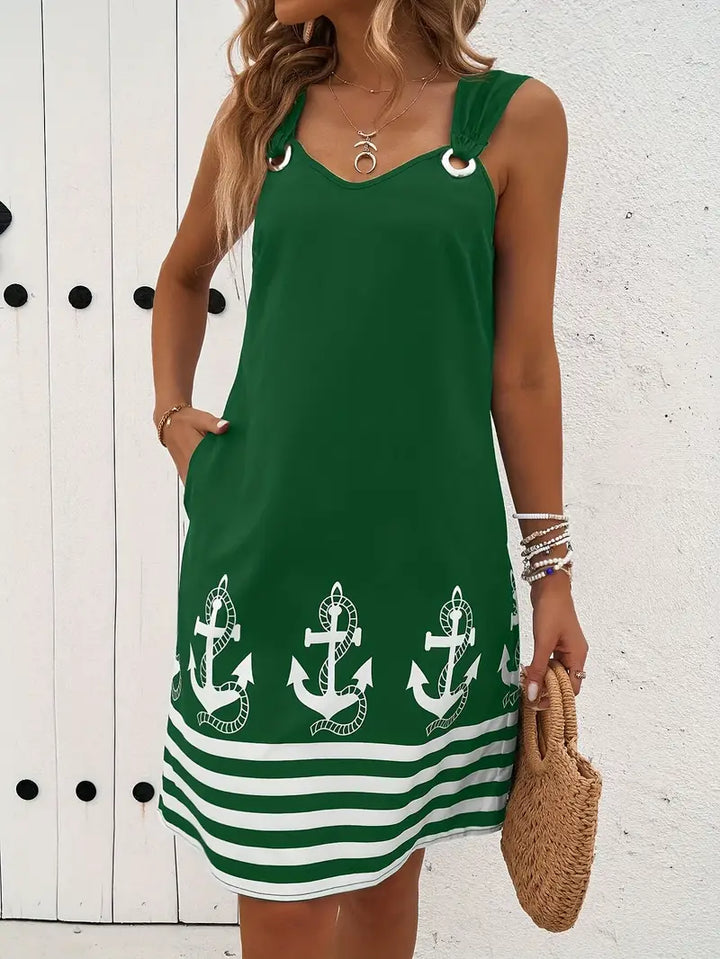 Amelina – Anchor Printed V-Neck Pocket Dress