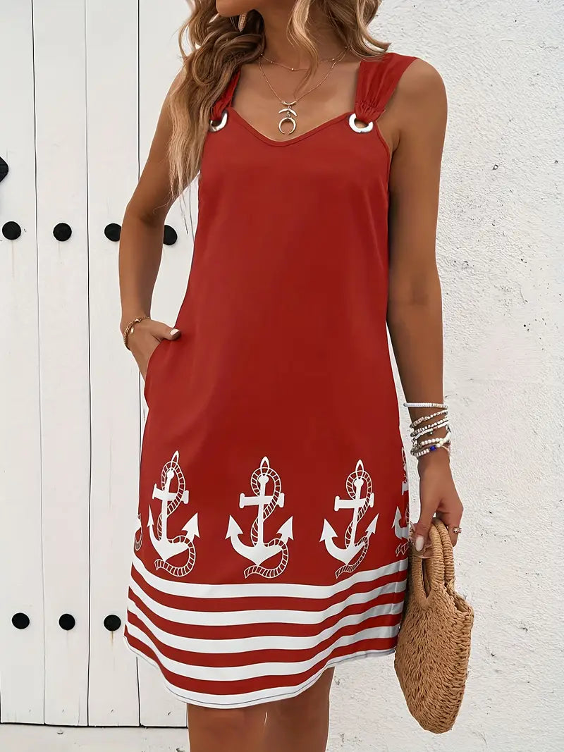 Amelina – Anchor Printed V-Neck Pocket Dress